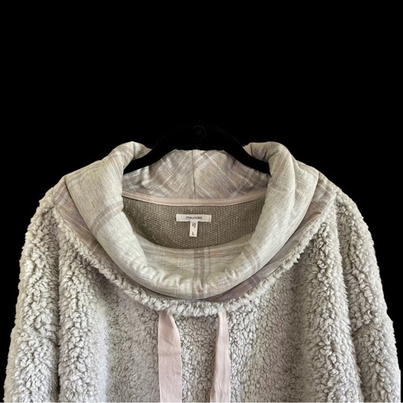 MAURICES, COWL NECK, SHERPA PULLOVER. LIGHT GREY WITH PLAID COWL. SIZE L - Picture 3 of 8